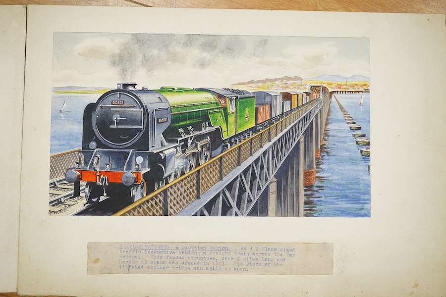 Alan Anderson, four original watercolours for postcards, Vintage Steam Trains, ‘A1 class Queen of Scots’, ‘Southern Region Golden Arrow’, ‘A2 class Barham’ and ‘A4 Pacific Union of South Africa, three signed, mounted, 24